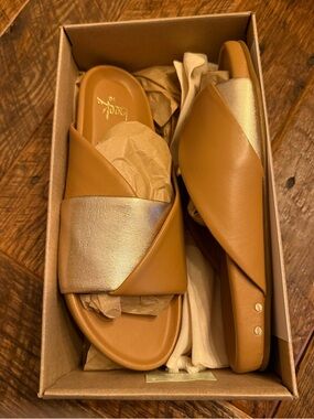 beek Tan and Gold Slide Paloma Sandals